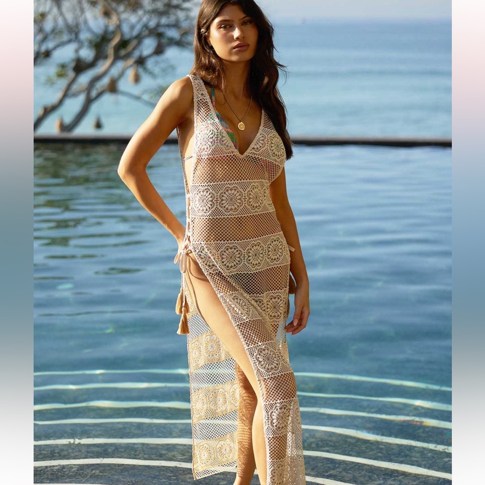 pq swim water lily tan cream joy lace sheer tunic bikini cover up dress tassels